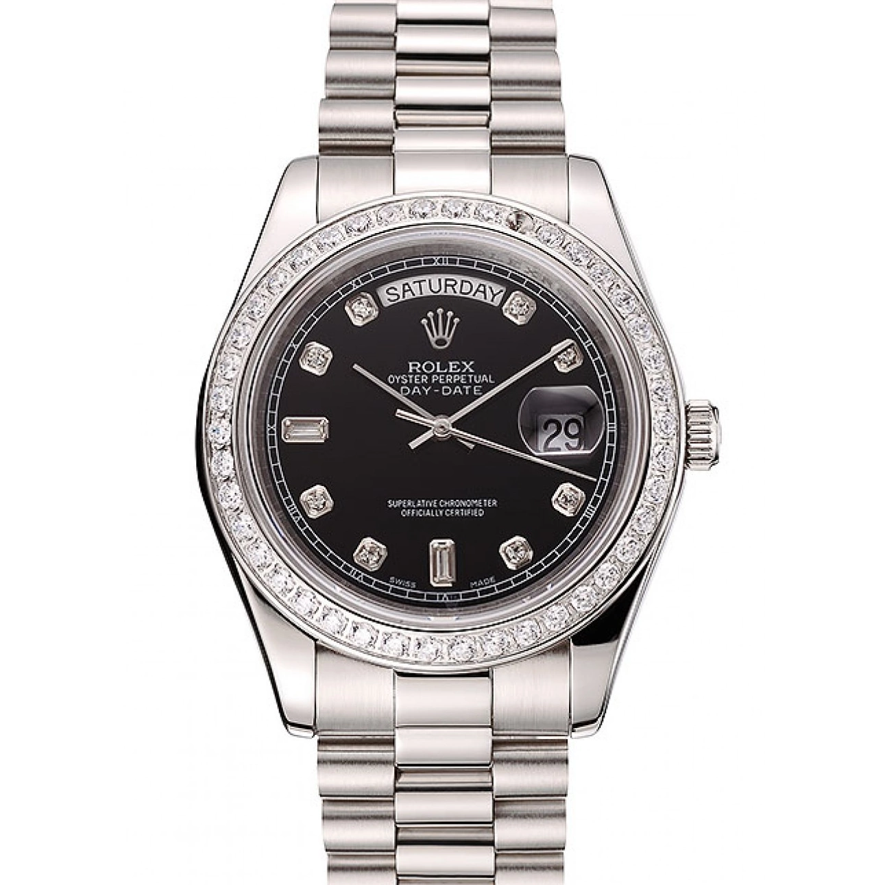Aaa replica watch Day-Date Bracelet Swiss Stainless Rolex Black Case Diamond Diamond Steel Dial 1453966 Numerals 0522